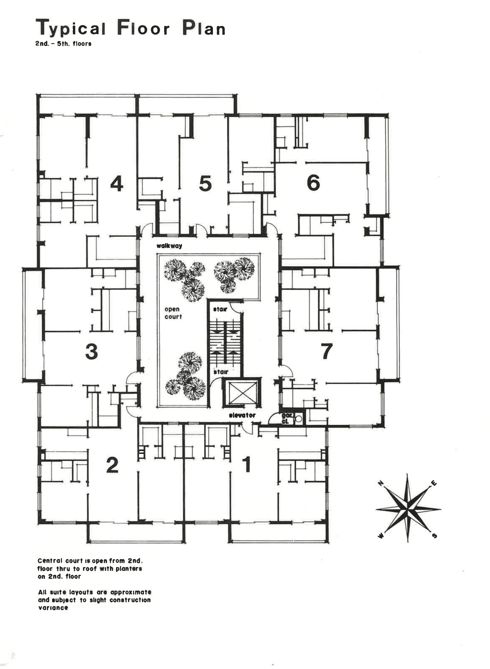 Excerpt from Delkus Towers' original 1980 floor plan, labeled open court, showing the central courtyard, walkway, and stairs